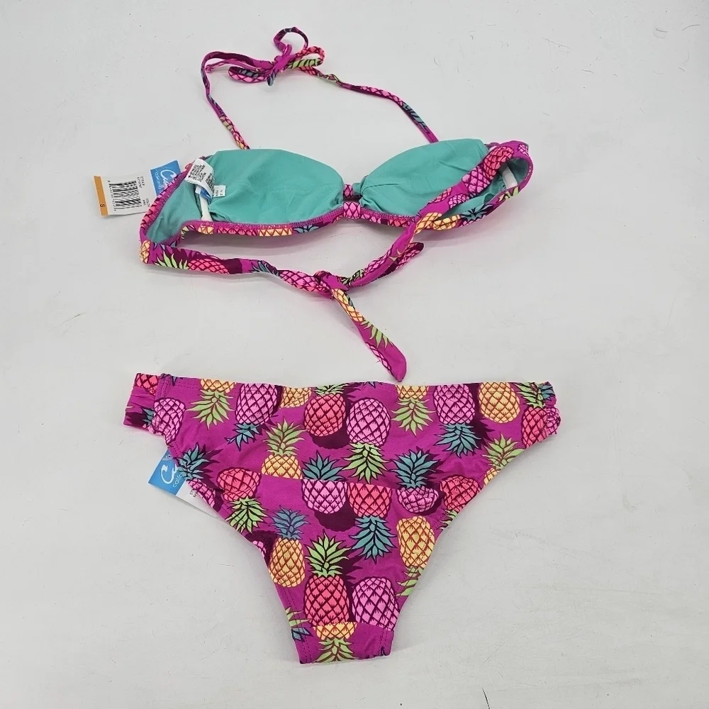 California Waves pink pineapple bandeau bikini women's size small